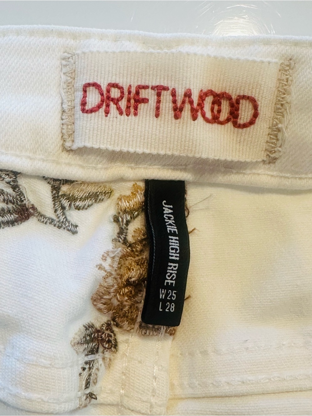 DRIFTWOOD Jackie High Rise Brown Floral Embroidered Boho Sz 25 White Women Jeans - Picture 3 of 9
